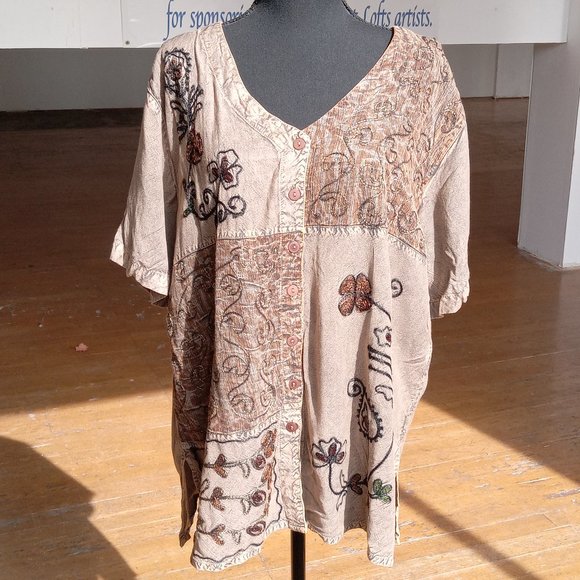 Speed Star Tops - Brown and black multi-print embroidered short sleeve button down shirt